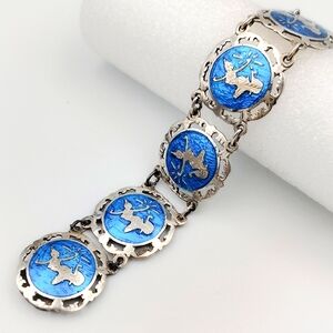 Vintage Sterling Siam Blue Enamel Exotic Panel Link Bracelet